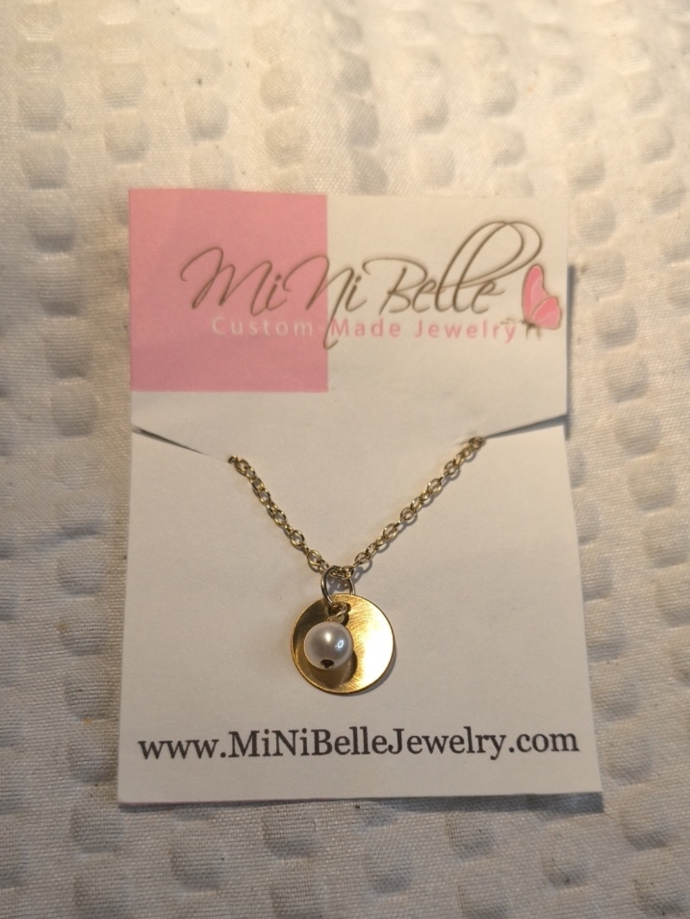 MiNi Belle Gold Disc Necklace with Pearl Charm - Pink Accent